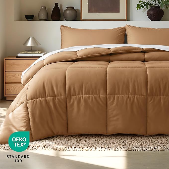 Bare Home Comforter Set - Queen Size - Ultra-Soft - Goose Down Alternative - Premium 1800 Series - All Season Warmth (Queen, Caramel)