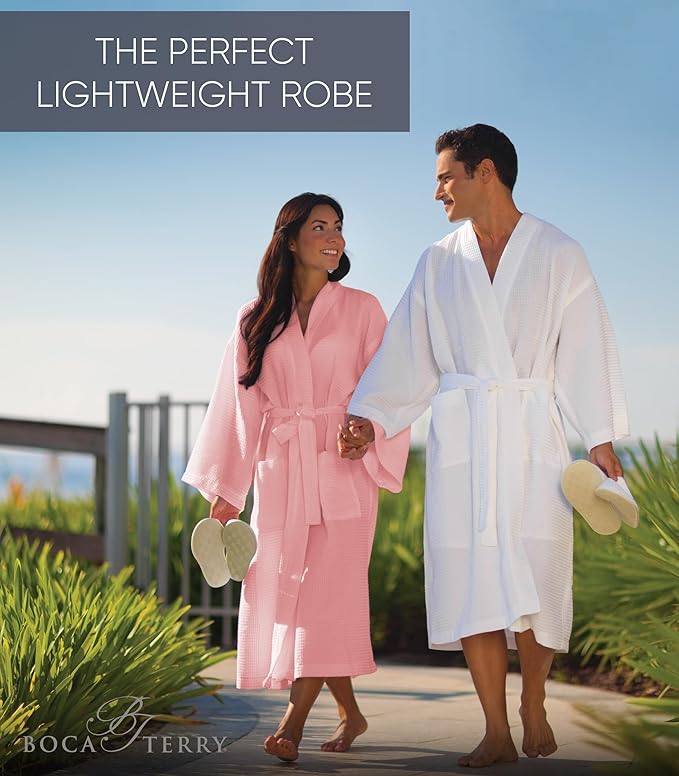Waffle Robe for Women by BOCA TERRY, Soft Cotton Spa Robes for Summer, Lightweight Knit Waffle Bathrobe, Kimono Bathrobes