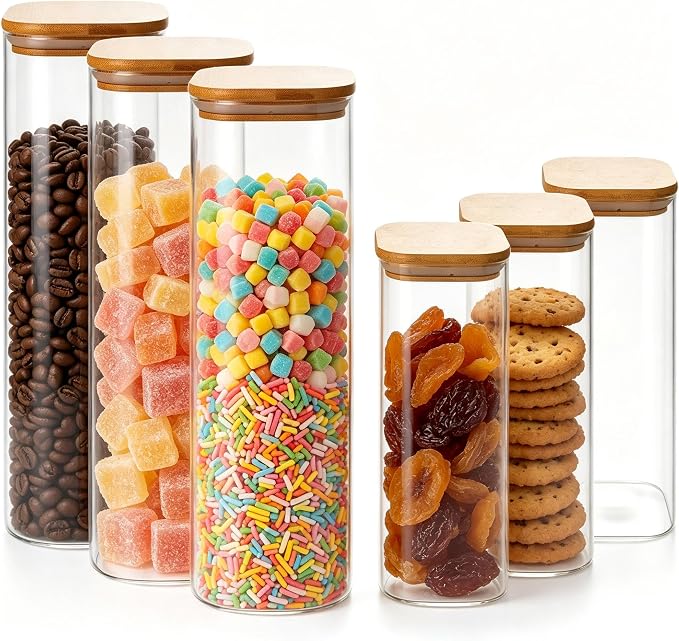 3L and 1.28L Glass Food Storage Containers with Lids - Set of 6 | Square Airtight Food Containers for Kitchen Pantry, Cereal, Coffee, Flour, Sugar