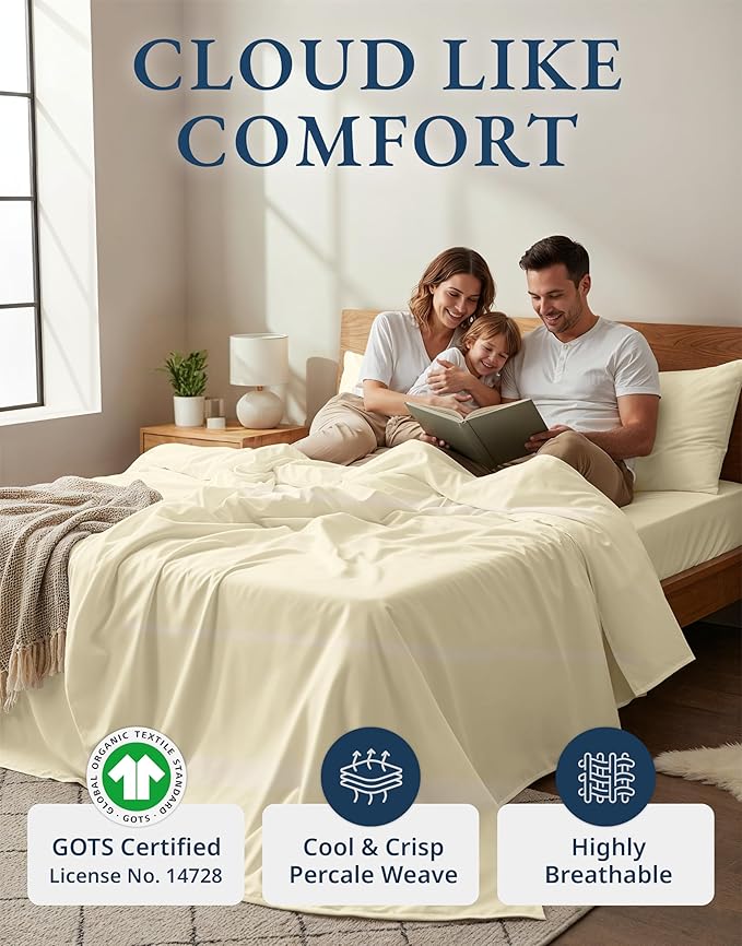 LANE LINEN 100% Organic Cotton Twin XL Sheets Set, 3-Piece Pure Organic Cotton Percale Sheets, Cotton Bedsheets, Ultra Soft Bedding Sheets, Breathable, Fits Mattress Upto 15" Deep - Natural