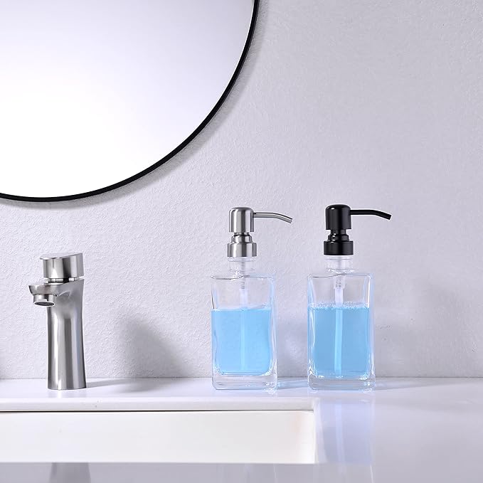 13.5 Oz Clear Glass Soap Dispenser with Rust Proof Stainless Steel Pump, Refillable Liquid Hand Soap Jar for Bathroom, Premium Kitchen Soap Dispenser (Brushed Nickel)