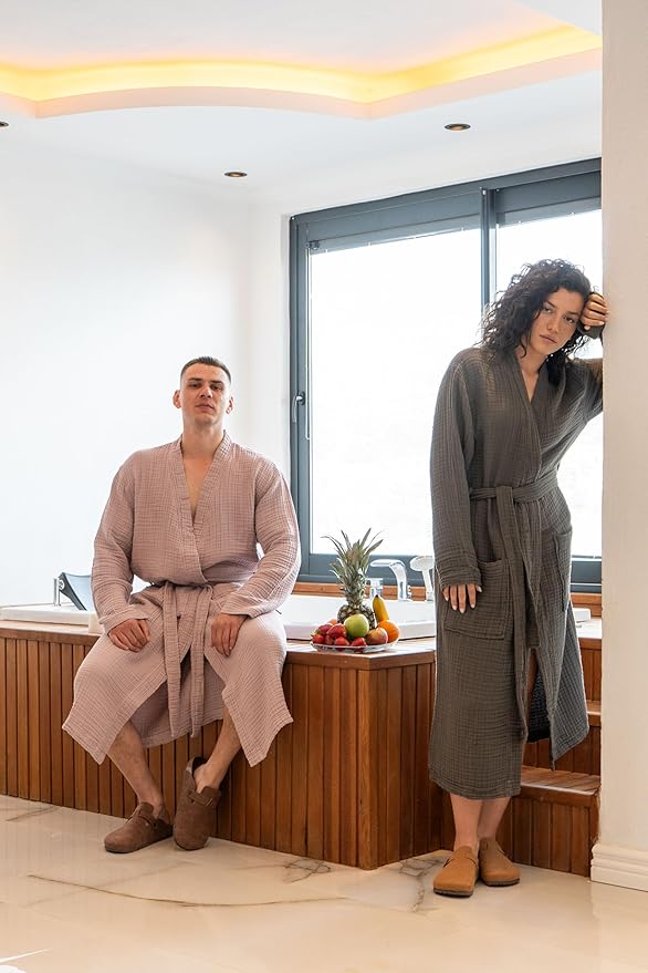 Muslin Unisex Bathrobe Women & Men, 100% Cotton Kimono Lightweight Robe | Long Robes Soft, Absorbent, Spa robes