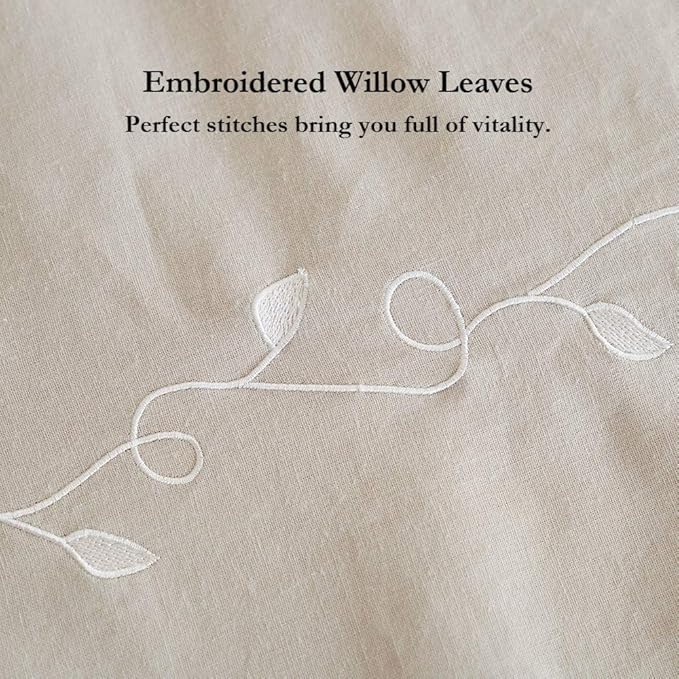 BISELINA French Linen Duvet Cover Set 3pcs Embroidered Willow Leaf 55% Flax 45% Cotton Blend Soft Breathable Luxury Bedding (King, Embroidery Linen)
