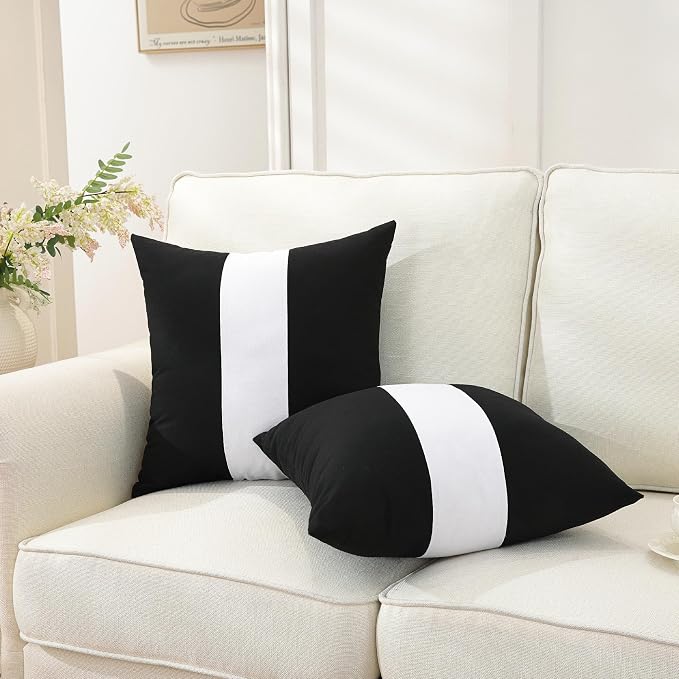 TAOSON Set of 2, Black 100% Cotton Canvas Patchwork Throw Pillow Covers 18x18 Inch, Modern White Striped Farmhouse Decor Cushion Covers for Sofa Couch Bedroom Living Room