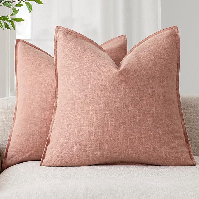 Foindtower Pack of 2, Decorative Linen Soild Throw Pillow Covers Soft Accent Euro Cushion Case Farmhouse Neutral Pillowcase for Chair Couch Sofa Bedroom Living Room Home Decor 20 x 20 Inch Coral Pink