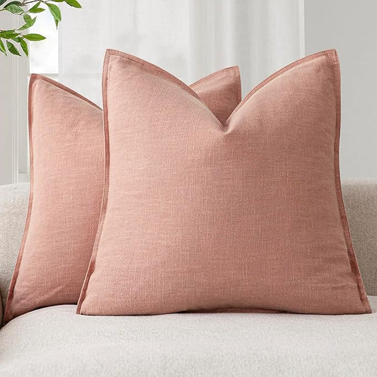 Foindtower Pack of 2, Decorative Linen Soild Throw Pillow Covers Soft Accent Euro Cushion Case Boho Farmhouse Pillowcase for Chair Couch Sofa Bedroom Living Room Home Decor 26 x 26 Inch Coral Pink