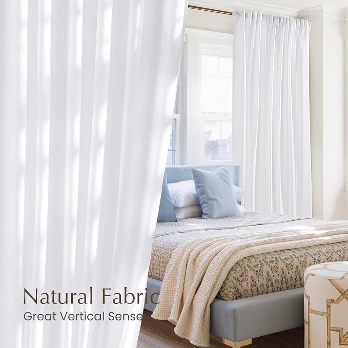 NICETOWN White Linen Bedroom Curtains, Back Tab/Rod Pocket with Pleat Tape Privacy Added with Light Filtering Semi Sheer Window Treatments for Living Room, W52 x L95, 2 Panels
