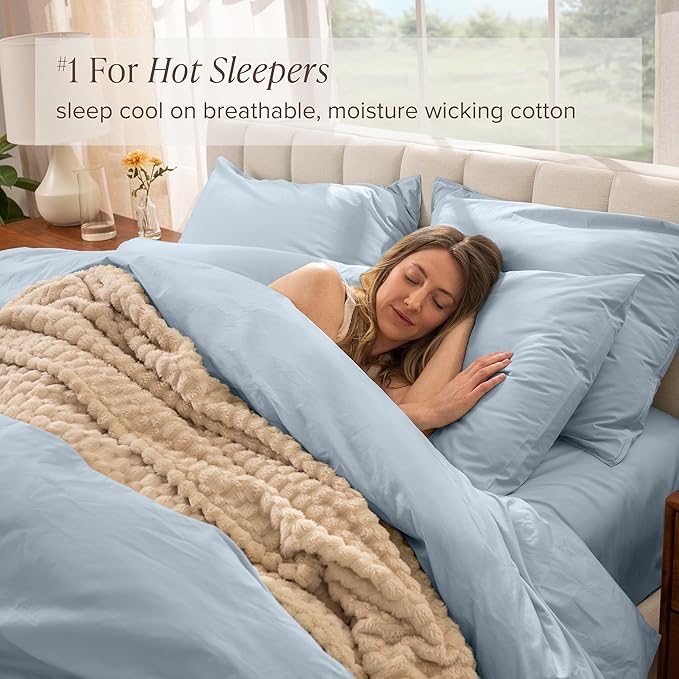 Bare Home 100% Organic Cotton Queen Duvet Cover Set - Crisp Percale Weave - Lightweight & Breathable - Cooling Duvet Cover Set (Queen, Winter Blue)