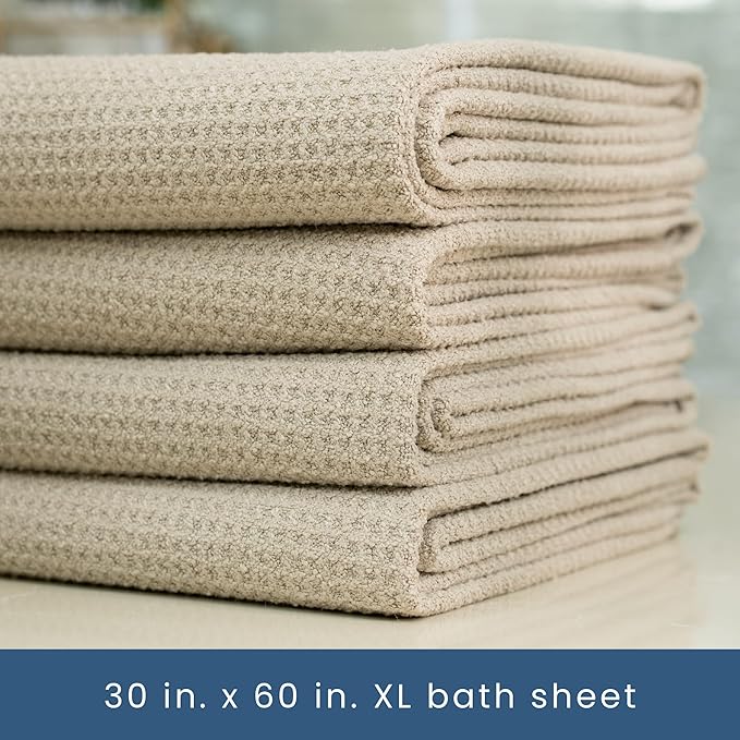 S&T INC. Bath Towels, Premium Waffle Towels for Bathroom, Extra Large, Absorbent Microfiber for Home, Yoga, and Gym, Honeycomb Weave, 30 Inches x 60 Inches, 420gsm, 4 Pack, Beige