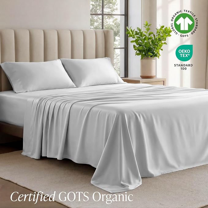 Bare Home 100% Organic Cotton Jersey Sheet Set, Ultra Soft, 100% Cotton - Sheet Set & Pillowcases - Deep Pocket Bed Sheets (Queen, Cloud Grey)