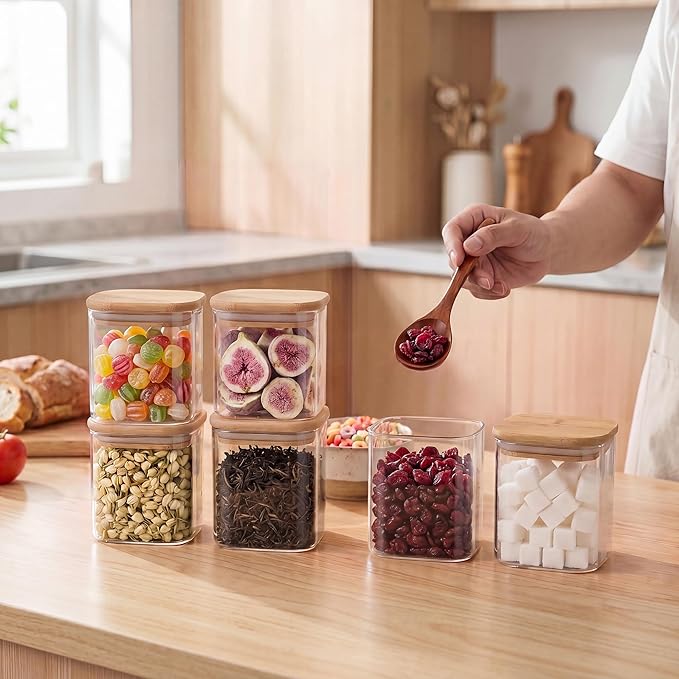 SENTVEND 24 Oz Glass Storage Jars with Bamboo Lids - 6 Pack Clear Glass Canisters Square Airtight Stackable Ideal for Pantry Storage Containers Organizers Great for Storing Oats Coffee Beans Nuts etc