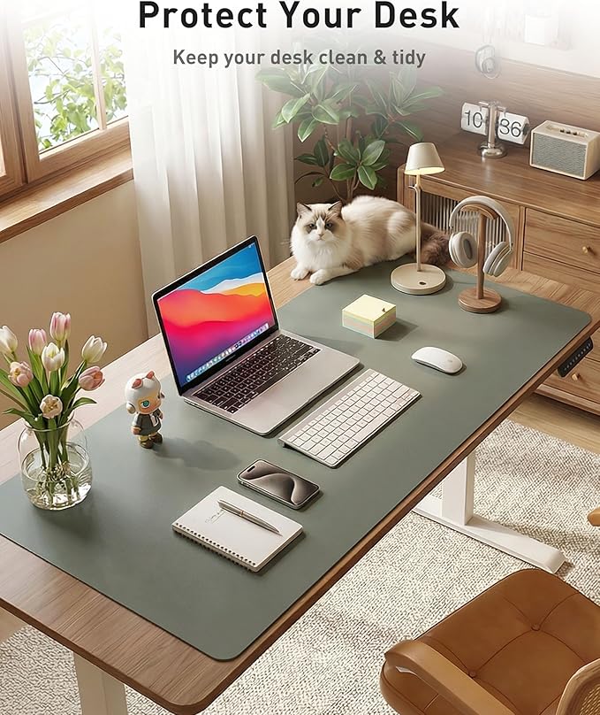 Aothia Faux Leather Desk Mat - Large Mouse Pad, Non-Slip PU Leather Blotter, Waterproof Writing Surface for Office and Home (Jungle Green, 42" x 17")