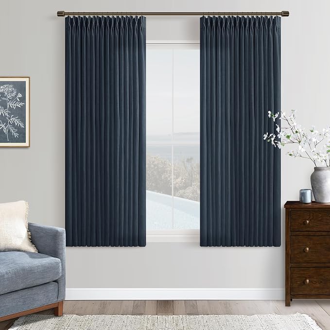 Navy Light Filtering Boys Bedroom Curtains 63 Inches Long 2 Panels Set for Small Window Dark Blue Boho Farmhouse Pinch Pleated Linen Short Semi Sheer Back Tab Bedroom Bay Windows 50Wx63L Length