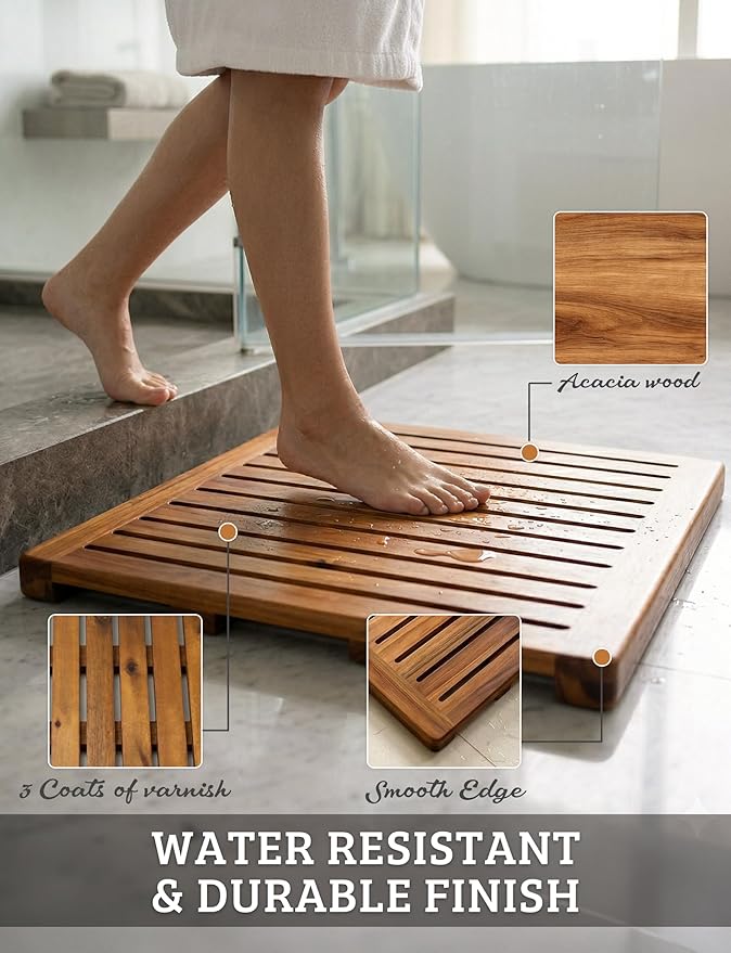 Acacia Wood Shower Mat 21x21 Inches by Demigo, Luxury Bath Mat Non Slip for Bathroom Bathtub Shower Spa Garden Home, Wooden Floor Mat Square Large for Outdoor and Indoor