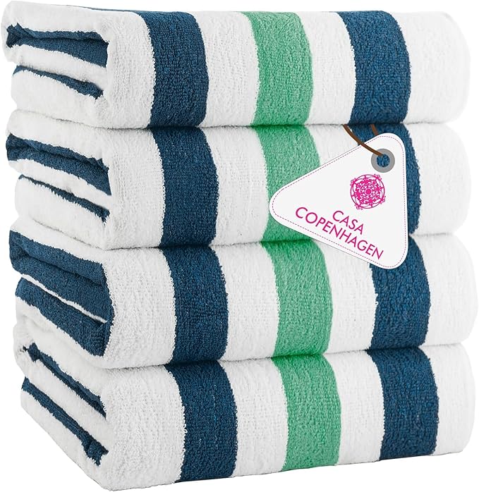 CASA COPENHAGEN Monaco Beach Towels Designed in Denmark Rough and Tough, Quick Dry, for Pool, Bath & Shower 30x60 inches 4 Pieces Cotton Beach Bath Towels Set - Teal Blue