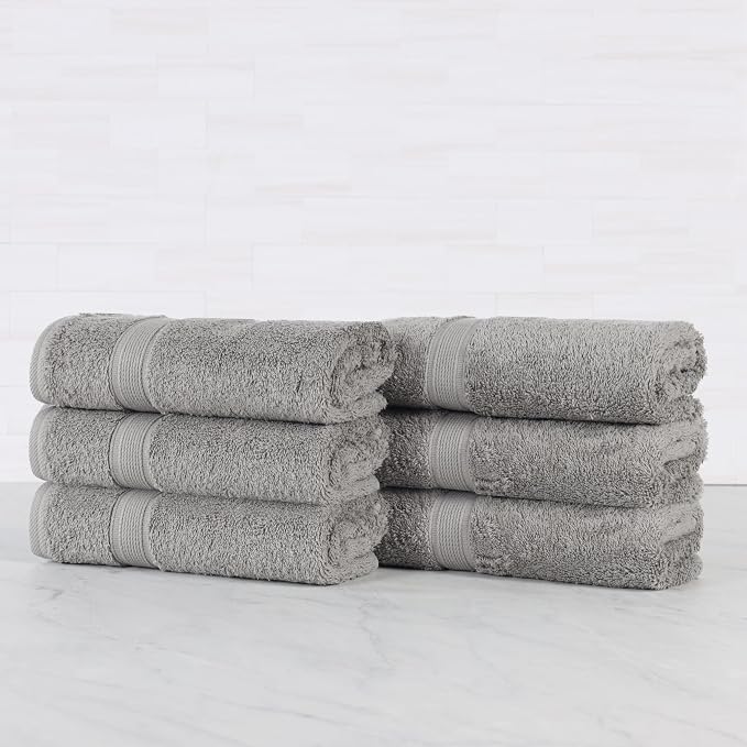 Superior 100% Organic Cotton Hand Towel Set of 6, Daily Use for Bathroom, Kitchen, Guest Bath, Quick Dry Small Towels, Face, Hand, Gym, Spa, Hotel, Absorbent, Essentials, Oregon Collection, Silver
