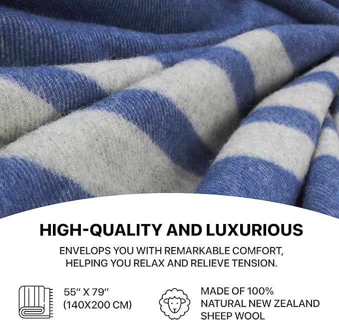 | Wool Blanket/Throw | 100% New Zealand Wool | Perfect for Home and Outdoors | Virgin Wool Blanket with Fringes 55"x79" (140 x 200 cm) (Indigo Blue)