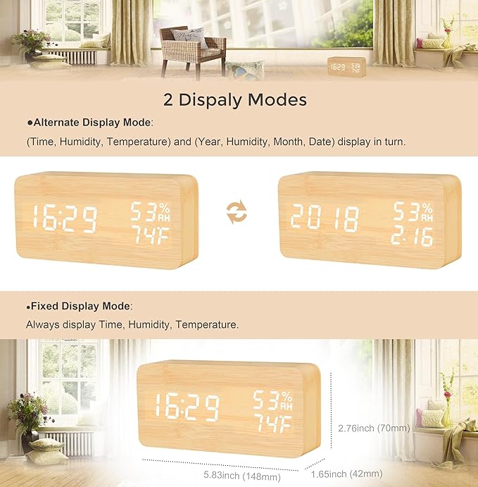 Alarm Clock Wooden Digital Clock Modern Decorative Electronic LED Desk Clock Display Time Date Temperature Humidity 3 Alarms Brightness Adjustable for Home Office Bedroom(Beige,White)