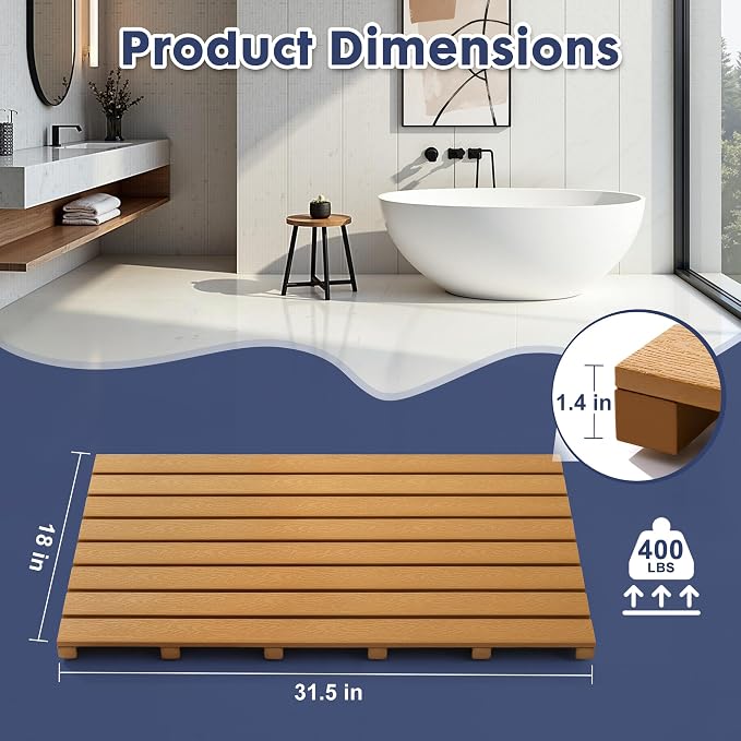 Bamboo-Design Bath Mat, Heavy Duty HDPS Plastic, 31.5"x18", 400lb Support, 100% Waterproof & Fadeproof, Superior to Real Bamboo for Bathroom Shower Spa Sauna Poolside Outdoor (Bamboo Color)