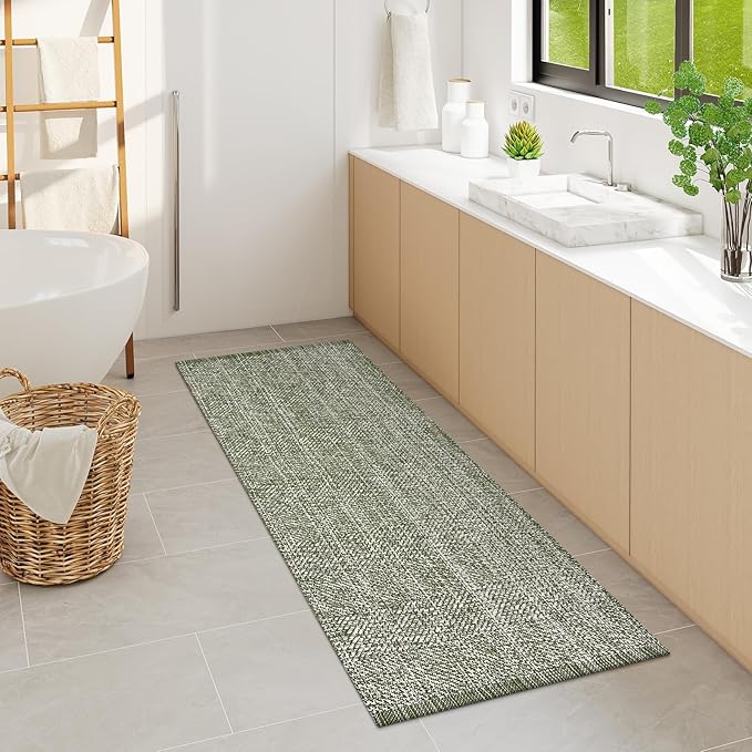 LEEVAN Washable Runner Rug 2'x6', Green Woven Hallway Rugs Reversible Bathroom Rug, Cotton Low Profile Entryway Doormat, Farmhouse Bedroom Rugs Modern Kitchen Runenr Long Carpet Foyer