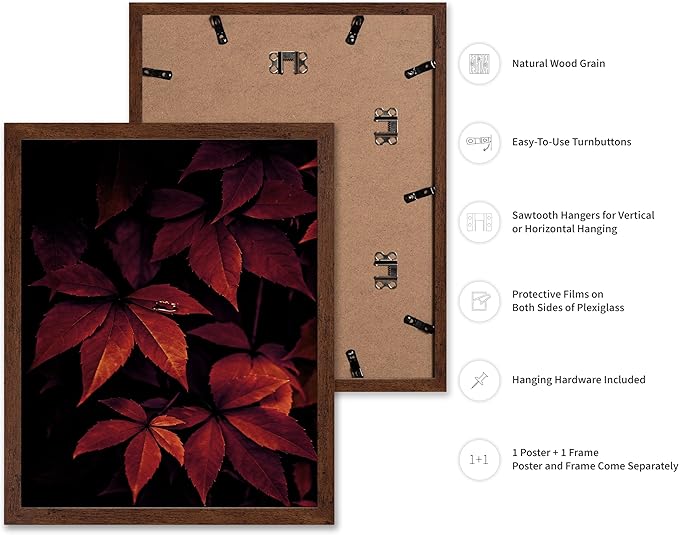 Monem Art Red Autumn Leaves Macro Photography Print - Moody Botanical Nature Poster - Wall Decor for Living Room, Bedroom or Office - 12x16 Brown Framed Wall Art by Mareike Bohmer