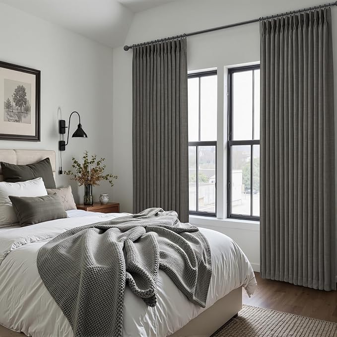Dark Grey Blackout 84 Inch Curtains for Patio Sliding Glass Doors, Memory Shape Pinch Pleated Dual Layer Linen Thermal Light Blocking Modern Windows Drapes for Living Room 7FT Length 2 Panels Set