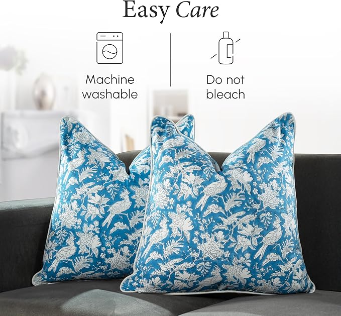 CPC 100% Cotton Throw Pillow Covers 24x24 Inch, Set of 2 Blue Block Print Pattern Couch Pillow, Cute Boho Decorative Pillows for Living Room, Bedroom with Hidden Zipper- Blue Sapphire