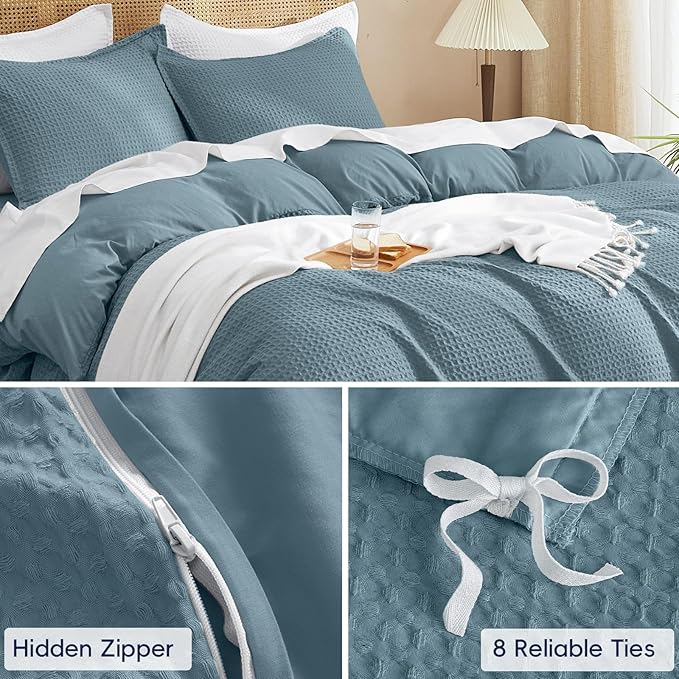 PHF Waffle Duvet Cover Set King Size, No Snagging Ultra Soft Luxury Textured Breathable Comforter Cover for All Season 3pcs, Durable Bedding Duvet Set with 2 Pillow Shams, 104"x90", Stormy Blue