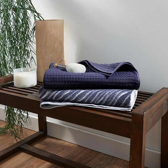 UCHINO Waffle Twist Cotton Weave Towel Set for Bathroom – 2 Bath, 2 Hand, 2 Washcloths, Lightweight Absorbent Quick Dry Honeycomb Texture Solid Terry Loop Reverse, 6 Piece, Indigo