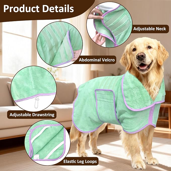 Soft Dog Bathrobe Fast Drying Dog Coat, Super Absorbent Dog Towels for After Bath, Microfiber Pet Robe Adjustable Collar & Belly Warm Keeping Dogs Coat for Pet Dogs & Cats (Green, Large)