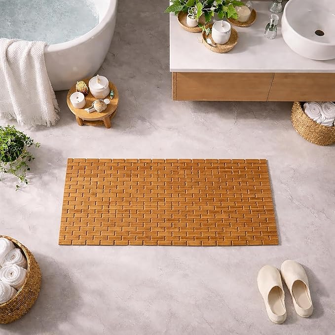EVIDECO French Home Goods Rectangular Natural Bamboo Bathroom Mat - Non Slip Bath Mat - Perfect for Shower, Spa, Sauna and Bathroom Decor - Foldable Duckboard, 16 x 40 inches, Light Brown