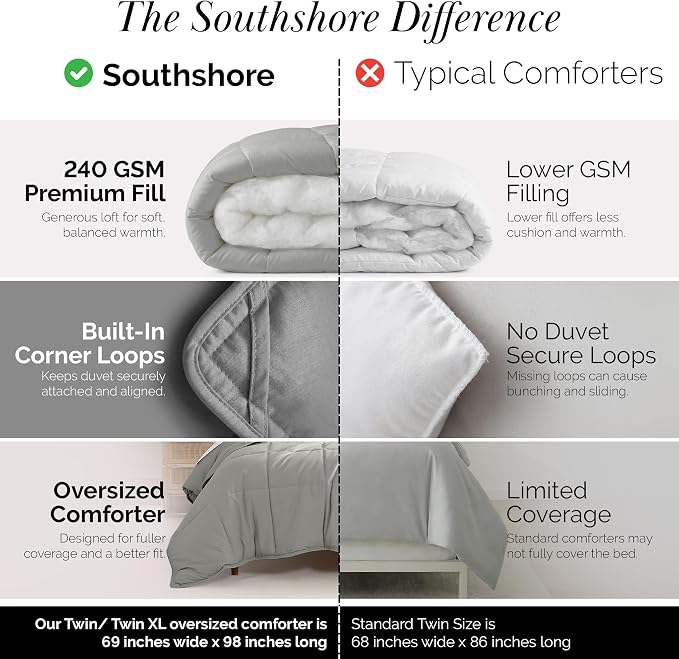 Southshore Fine Living, Inc. Twin XL Comforter for Dorm Room Bedding, Fluffy Down Alternative Comforter for Twin Bed, Soft & Cozy Machine Washable Dorm Bedding, Steel Grey Comforters for Guest Rooms