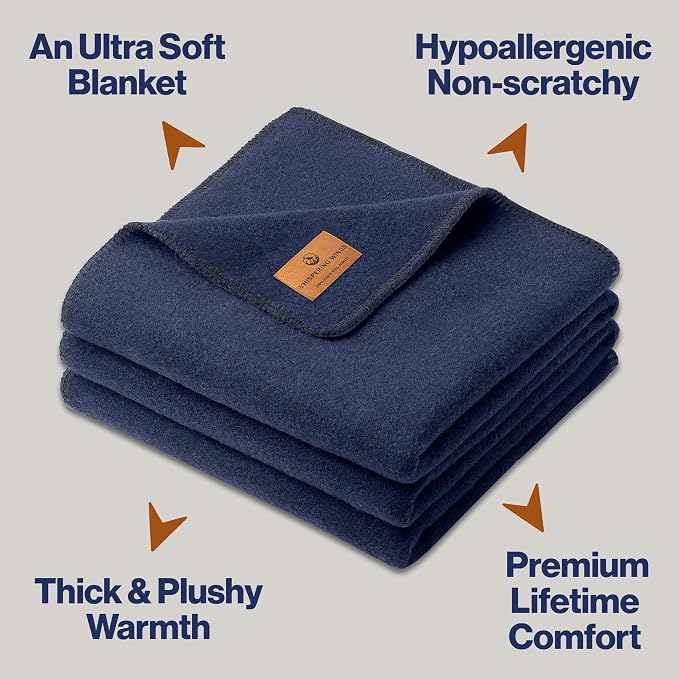 Whispering Winds 100% Wool Blanket, Premium King Size (108"x90") | Soft, Warm, Thick, Comfortable, For Bed, Couch, Home, Car, Camping, Outdoors, Survival