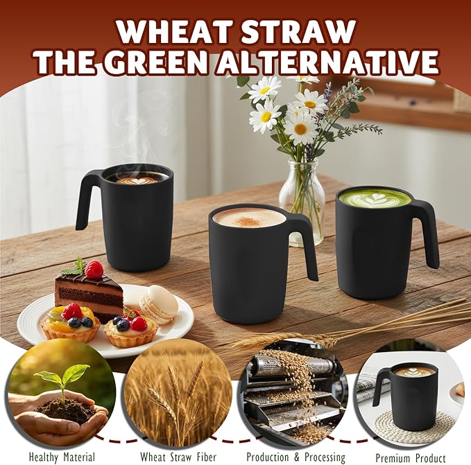 Wheat Straw Coffee Mugs 16 OZ, Unbreakable Drinking Cups with Handle Set of 6, Alternative to Plastic Reusable Coffee Cups, Microwave Safe & Dishwasher Safe Coffee Cup Set for Kichen, Black