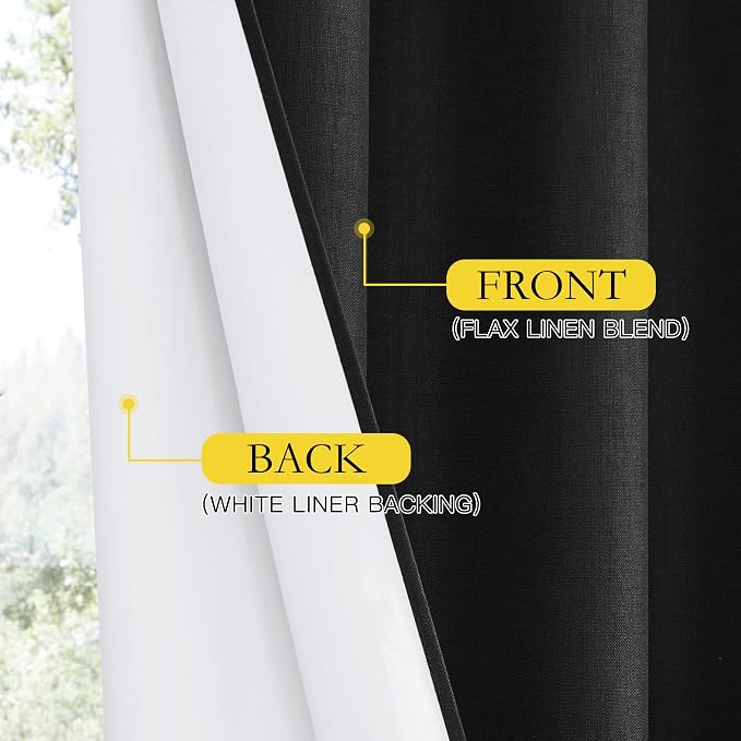 NICETOWN Vintage Rod Pocket Flax Thermal Curtains, 100% Blackout Curtains 84" Long for Dining Room, Soundproof Window Treatment Drapes for Hall Room, Black, 52" Wide Per Panel, Set of 2