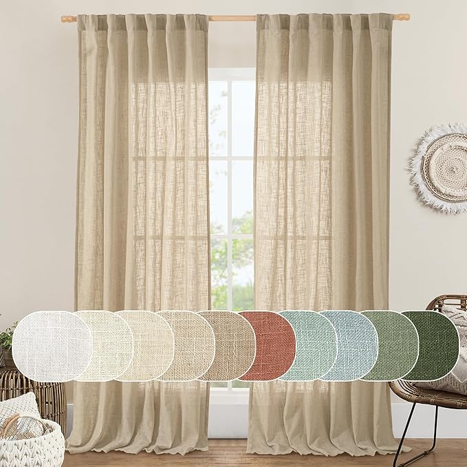 LAMIT Living Room Linen Curtains 90 Inch for Bedroom, Back Tab and Rod Pocket Linen Textured Sheer Curtains Light Filtering Burlap Curtains for Farmhouse, 2 Panels, Brown, 52 x 90 Inch