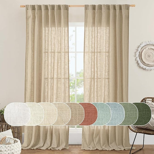 LAMIT Living Room Linen Curtains 90 Inch for Bedroom, Back Tab and Rod Pocket Linen Textured Sheer Curtains Light Filtering Burlap Curtains for Farmhouse, 2 Panels, Brown, 52 x 90 Inch