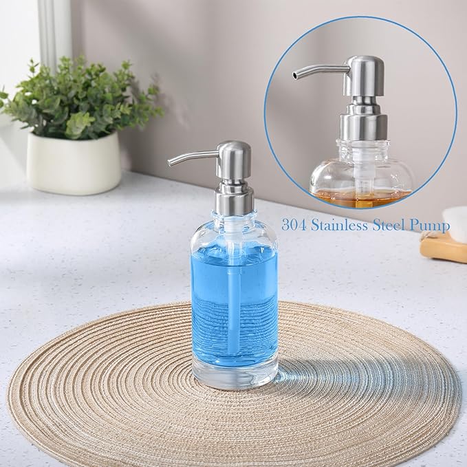 Clear Glass Soap Dispenser with Brushed Nickel Pump, 11 OZ Liquid Soap Dispenser Cylindrical with Stainless Steel Pump for Dish Hand Soap Bathroom Kitchen Vanity Countertop