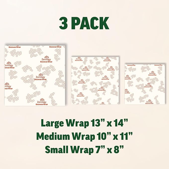 Beeswax Food Wraps 3 Pack (Small, Medium, Large) – Zenlogy Reusable Beeswax Wraps, Organic Cotton & Natural Beeswax, Washable & Plastic Free, Eco Friendly Sustainable Food Storage