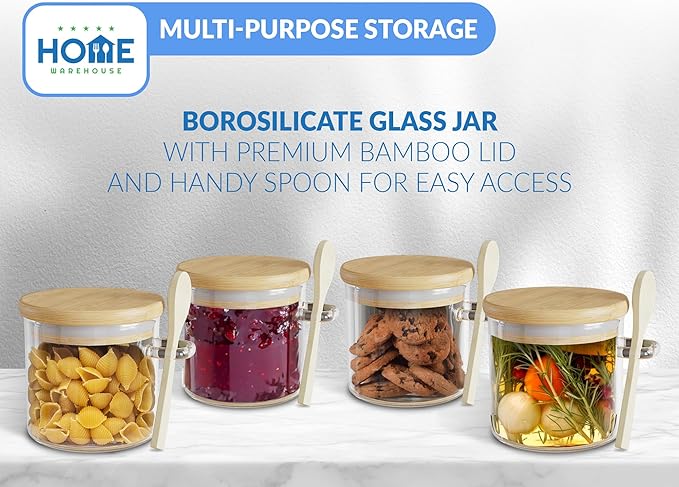 Home Warehouse - Borosilicate Glass Jar Storage with Bamboo Lid and Spoon | Easy to Clean | Premium Kitchen Organization Solutions | 500ml | 17 oz