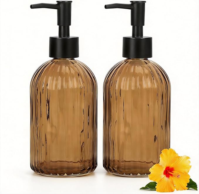 Glass Soap Dispenser Set with Wood Tray, Glass Soap Dispenser with Plastic Pump, Hand and Dish Set for Bathroom Decor (Amber)