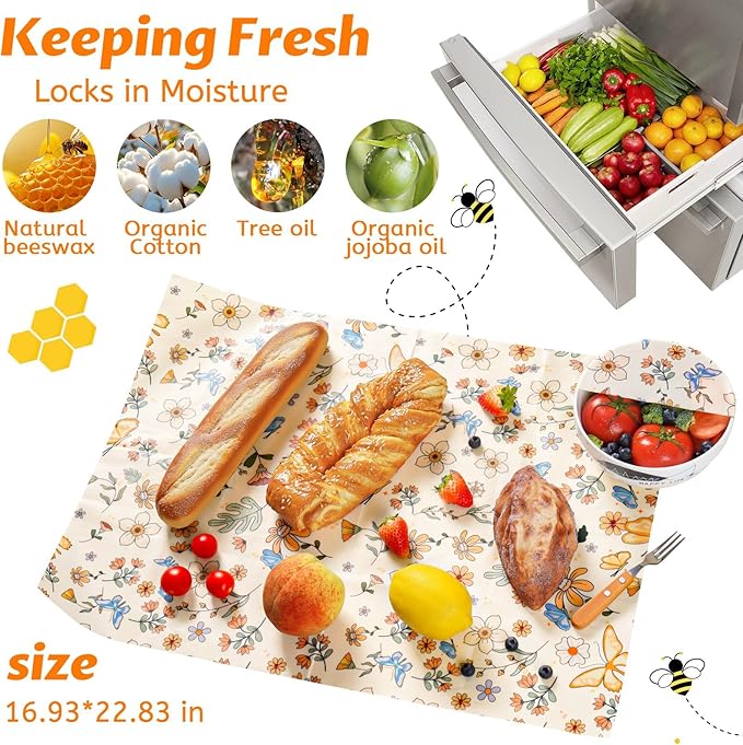 Beeswax Wraps for Food – Reusable Beeswax Bread Bag & Sandwich Wrap, Organic & Eco-Friendly & Sustainable Bees Paper, Perfect Alternative to Aluminum Foil Sourdough Storage & Plastic Wrap（Flower）