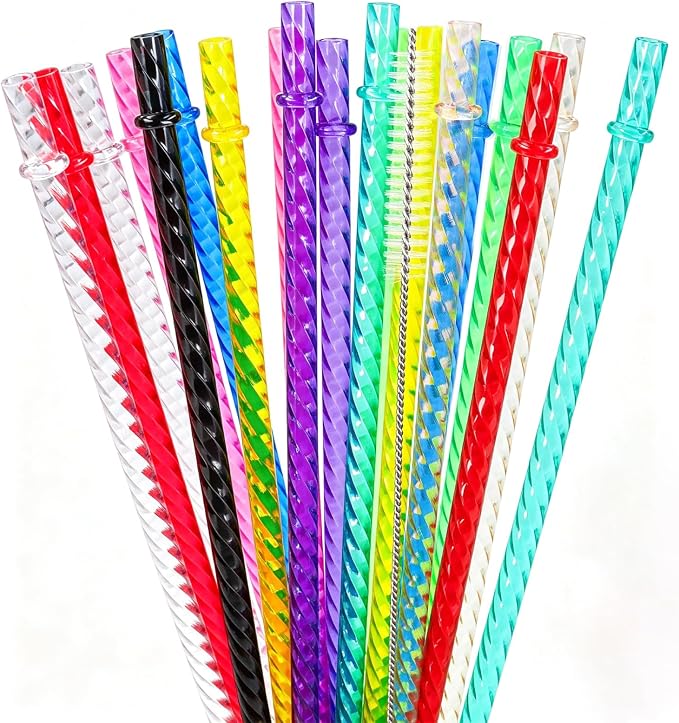 50PCS Reusable Straws with Cleaner Brush, 12.2" Long Colorful Clear Hard Plastic Swirl Drinking Straws for Stanley, YETI, Starbucks, Owala 30 oz 40 oz Tumblers, Jars, Cups