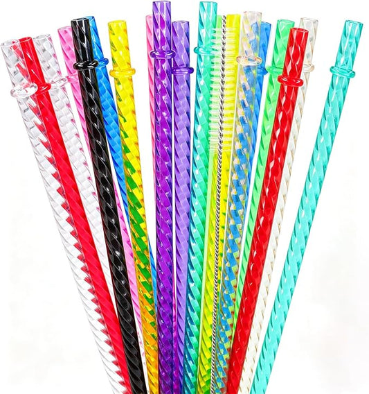 50PCS Reusable Straws with Cleaner Brush, 12.2" Long Colorful Clear Hard Plastic Swirl Drinking Straws for Stanley, YETI, Starbucks, Owala 30 oz 40 oz Tumblers, Jars, Cups