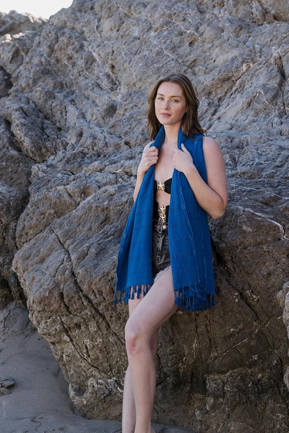 InfuseZen Stonewashed Turkish Cotton Bath and Beach Towel - Blue | 100% Organic, Thin, Soft, Lightweight, Absorbent, Quick-Drying, Large Peshtemal, Sand-Resistant for Shower, Pool, Spa, Travel