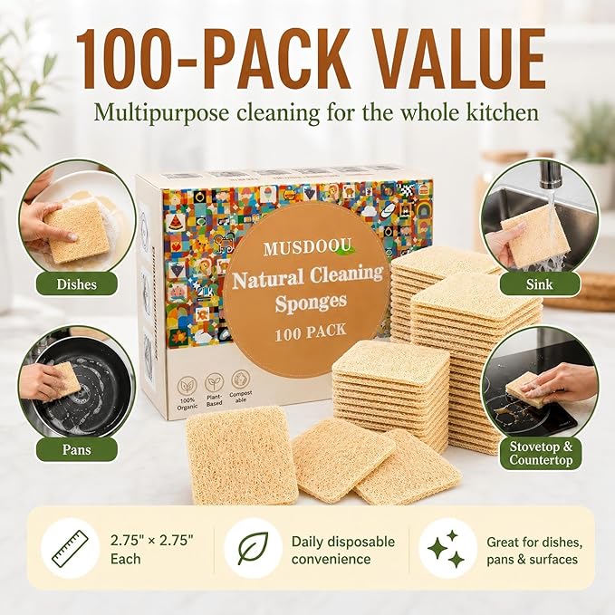 Natural Loofah Dish Sponge, 100 Count Plant-Based Kitchen Cleaning Pads, Biodegradable Compostable Scouring Pads for Dishes, Pots, Pans and Sink, 2.75 x 2.75 Inch