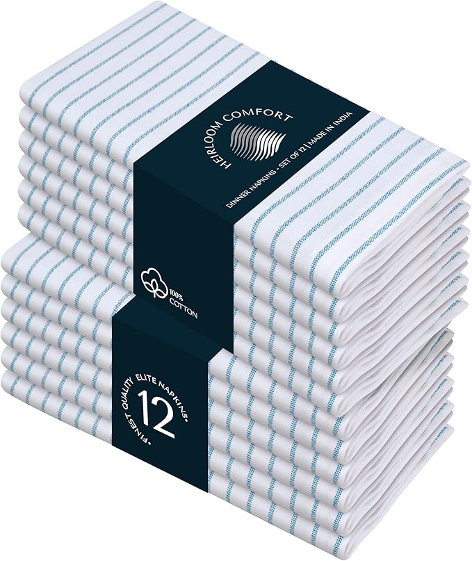 Turquoise Stripe Cloth Napkins (Set of 12), 18x18 Inch, 100% Cotton, Washable & Durable Fabric, Classic Striped Table Linen Napkin for Summer Dining, Beach Decor, BBQs, Everyday Use