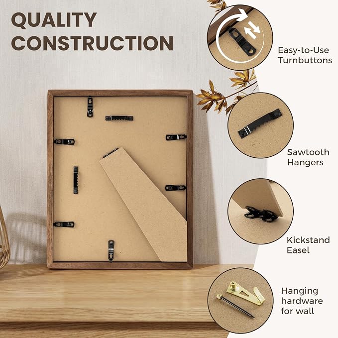 8.5x11 Picture Frame, USA-Sourced Walnut Wood Picture Frame, 8.5x11 Certificate Frame with High Tempered Glass, 8.5 by 11 Diploma Frame Matted to 6x8 Photo for Wall & Tabletop Display, 1 Pack