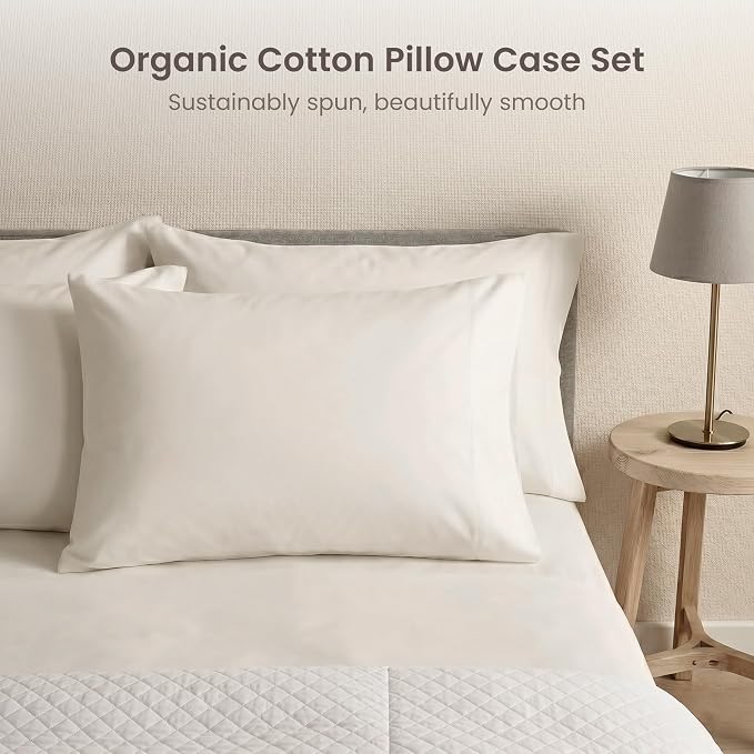 Bioweaves 100% Organic Cotton King Pillow Cases 300 Thread Count Soft Sateen Weave GOTS Certified – King Size, Set of 2, Cream