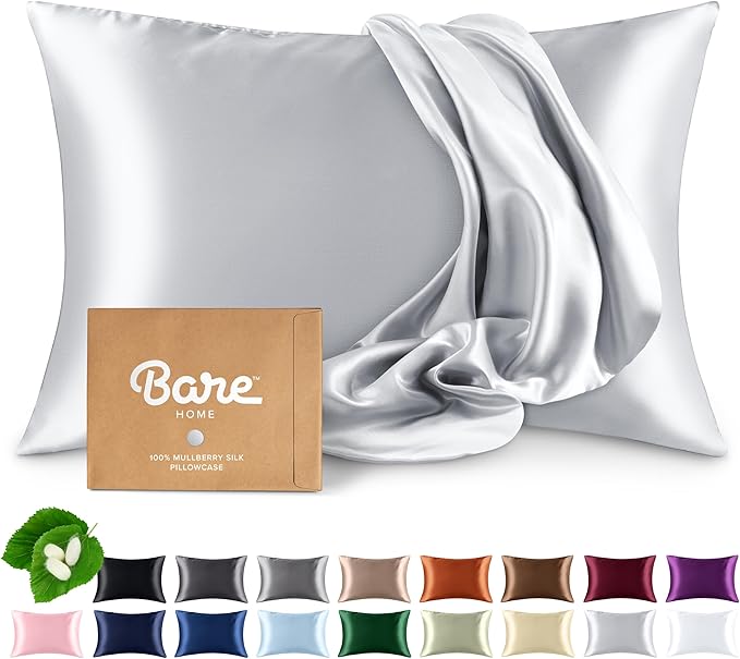 Bare Home 100% Mulberry Silk Pillowcase for Hair and Skin - Ultra Premium 6A Grade 19 Momme Silk Pillow Case - Envelope Enclosure - Breathable Cooling Pillow Cover (Standard, Silver)